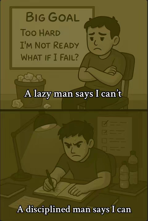 A split-panel cartoon illustrates two contrasting scenarios. The top half features a cartoon man with a despondent expression sitting in a chair, with text on a whiteboard behind him listing negative self-talk regarding a 'BIG GOAL.' The bottom half shows a focused man writing in a notebook, with a determined expression. The art style is simple with a limited color palette, creating a visual contrast between the two settings.