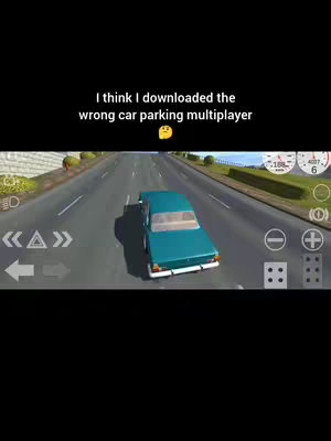 The cover image shows a teal car driving down a road from a third-person perspective. In the background are green trees, bushes, and a blue sky. The top center of the image displays text and an emoji. The interface shows an in game speed gauge.