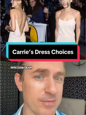The cover image is a split screen with two distinct sections. The top section displays a composite image with two photographs of Sarah Jessica Parker as Carrie Bradshaw from Sex and the City, possibly at a red carpet event featuring a light, flowing white gown with Sarah Jessica Parker and other crowds. The bottom features a close-up shot of a man with fair skin and blue eyes, looking slightly off-camera. An overlaid banner within the frame adds a touch of visual interest.