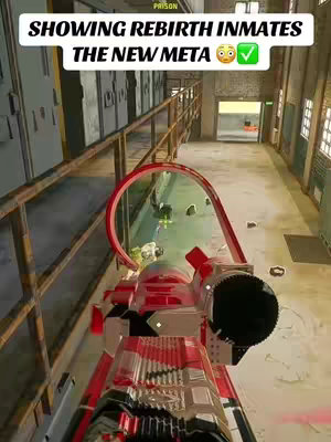 The cover image captures a first-person perspective from a video game, likely Call of Duty: Warzone's Rebirth Island map. The view is down the barrel of a red and white camo decorated weapon, with a scope, aiming towards a corridor. The background indicates an interior setting within a building, likely a prison. A text overlay and green checkmark sit on top of the image, with other players present in the distance.