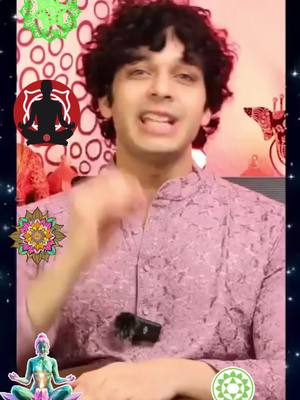 The cover image features a man with curly dark hair against a background with a blurred pattern. Several spiritual and occult-related symbols, including a meditating figure and a lotus, are overlaid on the image. The man is wearing a light pink printed shirt, gesturing with one hand, and speaking directly towards the viewer, implying that he is the primary focus of the video.