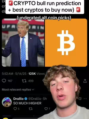 The cover image is a composite. On the left, a still from a video shows Donald Trump speaking, overlaid with text. On the right is the Bitcoin logo. The bottom of the image shows a social media post with a user's comments and profile, with the creator's face in the bottom right.