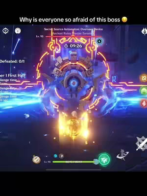 The image shows a battle scene from a video game. A large, mechanical boss character dominates the center, with a circular design and glowing blue and yellow elements. A health bar and game interface elements are visible at the top and bottom, indicating a combat challenge.