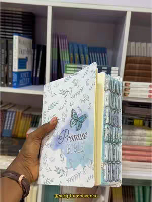 The cover image displays a person holding a Bible with the title "Promise Bible". The Bible is opened, and the pages show decorated tabs. Background shelves are filled with books. The hand holding the book is the main focus, suggesting a product showcase.