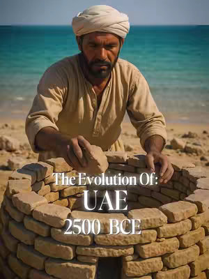 The image shows a man in traditional Middle Eastern attire building a stone structure on a sandy beach, with the sea in the background. Text overlayed on the image reads 'The Evolution Of: UAE 2500 BCE'.
