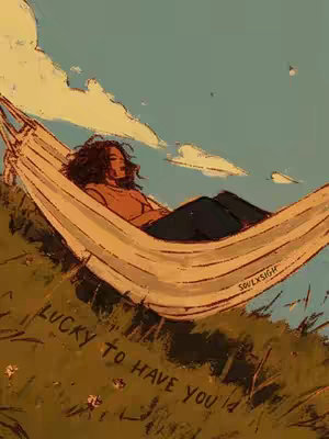 An image depicting a person reclining in a hammock under a blue sky with fluffy clouds. The person has dark hair and wears a light top and dark pants. The hammock is stretched between two unseen supports. The scene has a soft, illustrative style. Text near the bottom reads 'LUCKY TO HAVE YOU'.