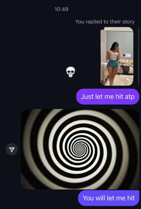 The cover image presents a series of text message bubbles against a dark background. A photo of a person in a mirror, with the person's face obscured, is displayed in a message bubble against a blue background. A skull emoji sits above the "Just let me hit atp " message. Below the person's photo, there is the swirling pattern of a black and white spiral. Under the spiral, the "You will let me hit" message bubble is displayed.