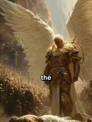 An artistic depiction of an armored angel with large wings. The angel is looking down, positioned to the right. The word 'the' is overlaid on the image. The scene takes place in what appears to be a battlefield or crowded area with many figures visible in a dark ambiance. The style is illustrative.
