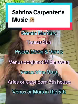 A selfie-style video cover featuring a woman looking towards the right side of the frame, with a blurred background of greenery suggesting an outdoor setting. On the top, a rectangular box with white text on a blue background reads 'Sabrina Carpenter's Music' with an emoji of a woman. Below, several lines detail astrological signs associated with the singer: Gemini Mercury, Taurus Sun, Pisces Moon & Venus, Venus conjunct Midheaven, Venus trine Mars, Aries or Capricorn 7th house, and Venus or Mars in the 5th.