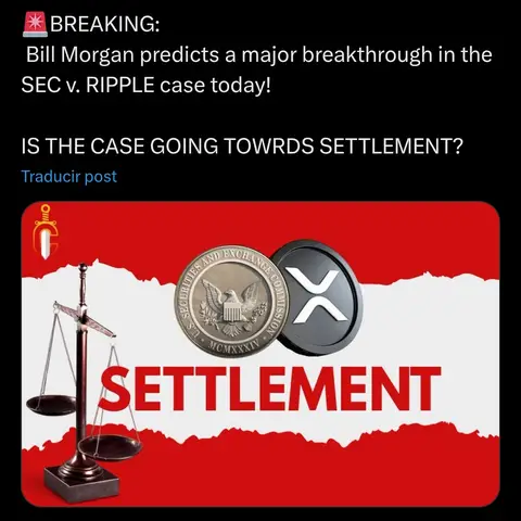 The image is a poster-style design. The top portion features black text on a white background, alerting viewers about a prediction related to the SEC v. RIPPLE case. Below this, the main image shows a red and white abstract background, with two silver coins with an eagle on the top left, and a black coin with an X on the top right. The word "SETTLEMENT" is in large, white letters across the bottom, indicating a potential resolution.