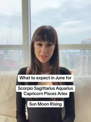 A woman with long dark hair is positioned in front of a window with a cityscape visible outside. Overlaid text with a white background lists astrological signs and the phrase "Sun Moon Rising."