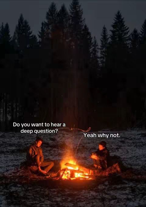Two figures sit near a campfire in a snowy field at night, with a dark forest background and overlaid text.