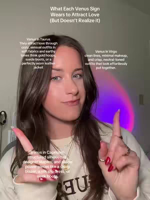 A woman with brown hair is centered in the frame, smiling and pointing upwards with both index fingers. Text overlays describe fashion tips for each Venus sign. The background has a gradient with purple and pink lighting.