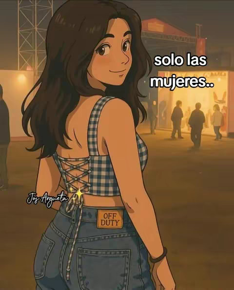 An animated image in a semi-realistic style depicts a young woman in a colorful setting. The woman is facing toward the viewer with dark hair, a light complexion, wearing a blue and white checkered crop top and denim jeans. A bright, bustling scene with lights is visualized in the background. Text is overlaid on the image.