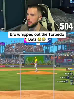 The image is split horizontally. The top half shows a man in a room recording, and the bottom half shows a game of baseball with a batter on the field. Text overlays are visible.