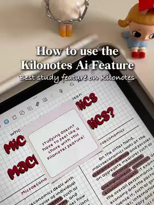 A tablet displaying a Kilonotes app, with additional elements like stationary figures on the top. The primary colors are bright white, pinks, and hints of yellow, creating a clean and inviting interface. The layout is well-organized, featuring a grid-lined background with handwritten notes highlighted with pink markers. The text overlay, presented in a serif font, adds a layer of information, emphasizing the key features.