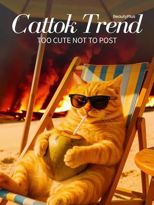 A cheerful orange cat wearing sunglasses relaxes in a beach chair and drinks from a coconut. A beach scene with the fire in the background.