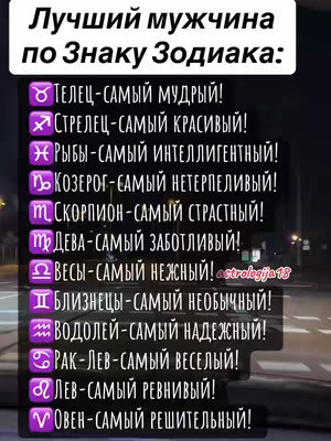 An image with a dark background, featuring a list of zodiac signs with their corresponding characteristics. Each sign is represented by its symbol and a descriptive adjective. The title "Лучший мужчина по Знаку Зодиака:" (Best Man by Zodiac Sign:) is at the top. The text is in a vertically stacked format. The overall layout is simple and straightforward, with a focus on presenting information clearly.