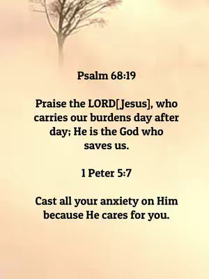 The image features a serene, light-colored background with a tree silhouette in the upper section and overlaid text with Bible verses related to praise and finding solace in Jesus.