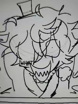 A simple, black-and-white sketch of a cartoon character with wild hair, a top hat, and an exaggerated expression of surprise or shock, with the word "WHAT" overlaid in a bold font.