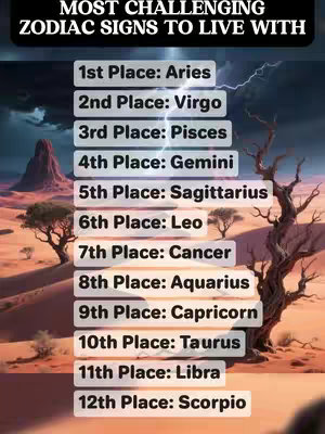 The image showcases a list ranking zodiac signs based on how challenging they are to live with. The background depicts a desert landscape with a distant mountain range, stylized trees, and a vibrant sky, potentially during a storm, with lightning bolts.