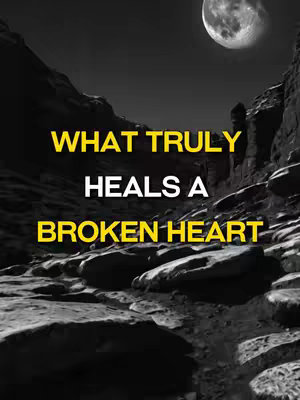 The image shows a nighttime landscape with a rocky path leading towards a bright moon. The sky is dark, and the path is flanked by dark rock formations. Bold, yellow text overlays the image, posing a question about healing a broken heart.