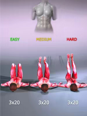 The image shows a workout diagram with three different levels of difficulty for an abdominal exercise. Above, a 3D model of a torso depicts the abs. Below are illustrations of people performing the exercise with varying leg positions: easy (legs down), medium (legs bent), and hard (legs extended up). Each position is labeled with "3x20". The background is a gradient of purple to gray.