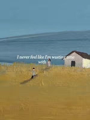 An impressionistic painting-style illustration depicts a couple on a field. The backdrop features an expanse of water under a blue sky, with a simplified house on the right. In the foreground, a person with a shadow is walking towards the house with other person standing nearby. Overlaid on the backdrop is white text.