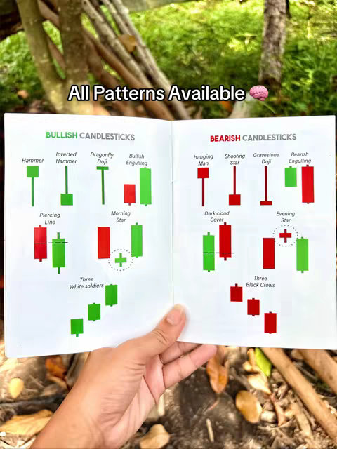 The cover of a book on candlesticks is being held up to the camera by a hand, with a green leafy background. The book is open, revealing diagrams of different candlestick patterns, categorized as bullish and bearish. The text "All Patterns Available" is over the image, with a brain emoji.
