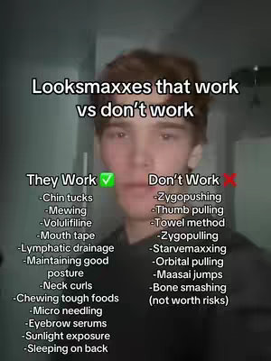 A selfie-style video cover featuring a young man centered in the frame, with text overlayed that lists "Looksmaxxes that work vs don't work." The man is looking directly at the camera, with the text split into two columns with checkmarks and Xs indicating recommendations.