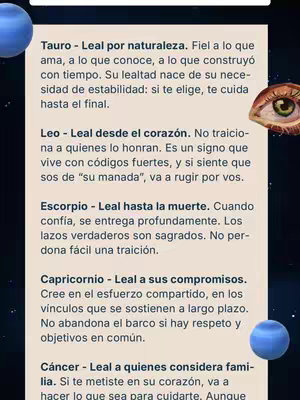 The image is a vertical infographic-style layout against a dark background with a starfield effect. It appears to be structured as a list or chart, with each entry describing a zodiac sign in both Spanish and English. The upper-right has an eye-like shape graphic and the corner has a blue sphere. The text is easy to read and is positioned in a way that highlights key information. The appearance is clean and direct, emphasizing the informational content.