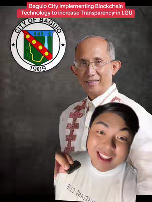 The cover image shows a man in glasses and a white shirt with an embroidered collar smiling toward the right while partially occluded by a selfie-style close up of another man's smiling face. A city seal with text and a person's face showing the text from the image is shown on the left.
