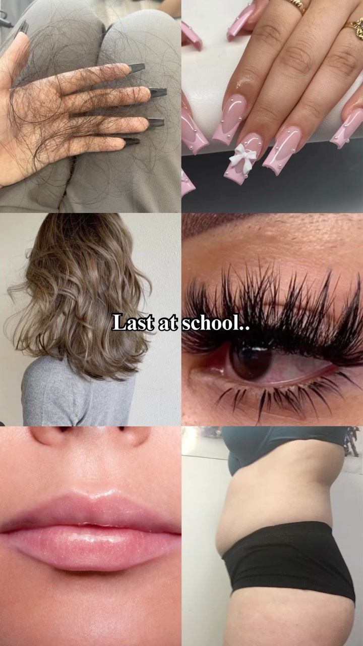A collage of six images. Top left shows a hand holding a mass of dark hair. Top right shows a hand with long pink and white nails with a bow detail. Middle left: shows hair that is wavy, and is a light brown or dirty blonde color. Middle right is an eye with long eyelashes. Bottom left is close up of a person's lips. Bottom right is a side view of a person's midsection, above a belly button.