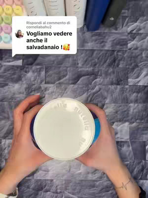 An overhead shot features a person's hands holding a white container with a blue base, likely a jar. A comment bubble in the top left contains overlaid text.