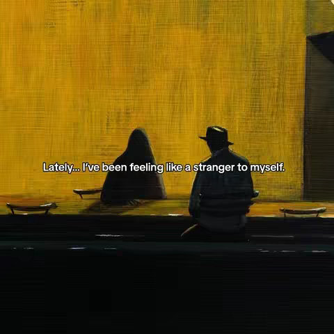 An artistic image with a dark atmosphere. The background is a textured yellow, suggesting a wall or painted surface. Silhouetted figures are in the scene: on the left, a shapeless, dark form representing a person, and on the right, a figure in a hat and coat, seated as if deep in thought. Low-angle shot