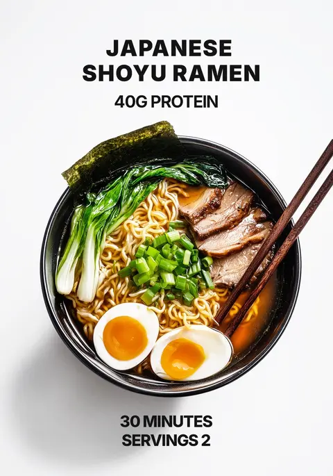 The cover image features a close-up, overhead shot of a bowl of Japanese shoyu ramen. The bowl is black with a black rim, holding a medley of ingredients: wavy, golden ramen noodles are central, surrounded by a clear, savory broth. On top of the noodles, there are sliced chashu pork, vibrant green scallions, a cluster of fresh bok choy, and two perfect soft-boiled eggs with bright orange yolks. A sheet of nori seaweed is draped across the top. Wooden chopsticks are diagonally placed, suggesting a meal ready to be enjoyed. The background is a clean white. Above the bowl are the words “JAPANESE SHOYU RAMEN” and protein information, and under the bowl: “30 MINUTES | SERVINGS 2.”