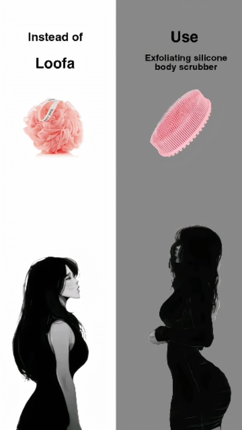 The image is a split picture, the left side depicts a loofa and a side profile illustration of a woman, the right side features a silicone body scrubber and another side profile illustration of a woman. The woman on the right is in dark silhouette.