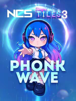 The cover image features a cartoon-style anime character with blue hair wearing headphones. The character is set against a blue, glowing background with the text 'NCS' and 'Magic Tiles 3' at the top. Below the character, the words 'PHONK WAVE' are written in bold, white letters.