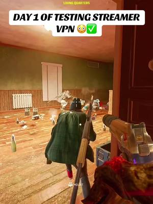 The image captures a first-person perspective from a video game. A player character, seen from the back with a green coat and hat, is aiming a weapon in a room filled with debris and other characters. Text overlays indicate the video's theme.