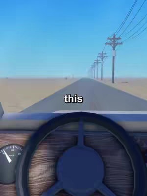 The cover image is a first-person perspective shot from inside a car, looking down a long, straight road. The car's dashboard and steering wheel are visible at the bottom of the image with a speedometer. The road is flanked by a flat, beige desert landscape and a clear blue sky extends to the horizon. Power lines run parallel to the road on the right. A text overlay that reads 'this' is positioned centrally.