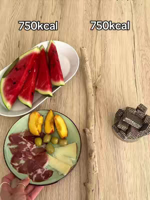 Overhead shot showcasing a comparison of food portions, featuring watermelon slices, a plate with assorted appetizers, a breadstick, and a serving of chocolate wafers, displayed against a light wood-grain backdrop.