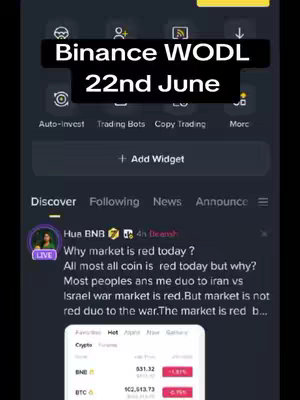 The cover image displays a screenshot of a Binance app interface on a smartphone, with a black overlay at the top. The overlay features the text "Binance WODL 22nd June" in bold, white font. The background shows the app's main screen, with various options like "Auto-invest", "Trading Bots," and "Copy Trading." The lower part of the screen reveals app content, including a news feed with a post from "Hua BNB" regarding market trends.