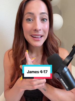 A woman with long auburn hair and a black top faces the camera, speaking. A black microphone is to her right. The overlay text displayed is 'James 4:17' in a rectangular box. Her hand is held up, pointing. Balloons are slightly visible in the background.