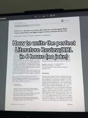 The cover image shows a computer screen displaying a scientific research paper. Overlaid on top is text in a white font that reads, "How to write the perfect Literature Review/RRL in 6 hours (no joke)". The background is dimly lit, and the setup suggests a study or office environment.