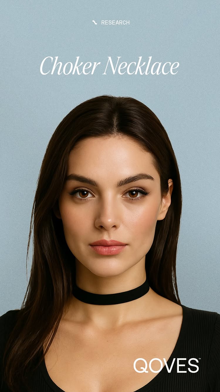 The image is a portrait of a young woman with long dark hair wearing a black choker. She has fair skin, brown eyes, and is looking directly at the camera with a neutral expression. The background is a light blue. The text 'Choker Necklace' is overlaid on the image in a white, sans-serif font. At the top of the image, beneath 'RESEARCH', is the word research, and at the bottom is the QOVES logo.