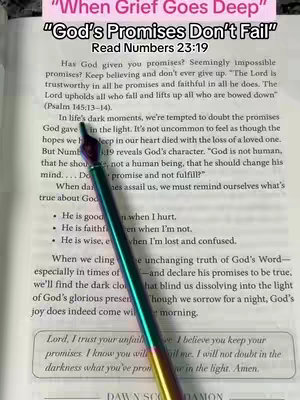 The cover image shows an open book with a pen resting on it. The text, highlighted in white, is from the book. The highlighted area discusses grief and God's promises.