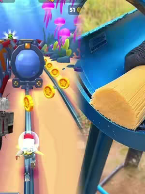 The image is a split composition presenting two scenes. On the left, a game screen featuring an underwater runner in an animated environment with coins and obstacles. On the right, a close-up of a blue, curved structure holding a bundle of light-brown pasta.