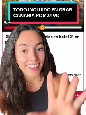 The cover image features a woman smiling and showing the palm of her hand. The background has a text overlay that reads "TODO INCLUIDO EN GRAN CANARIA POR 349€". Beneath the woman is a white panel with partial text visible.