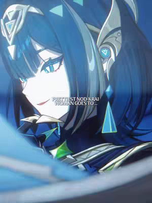The cover image features a close-up of a female character from what looks like a video game. She has light skin, dark hair styled with elaborate, ornate headwear that includes teal and silver elements. Her eyes are teal and her expression is subtle with a hint of a smile. The background is dark, emphasizing her features and the details of her costume. Text overlays at the bottom. The image's color palette is dominated by cool, muted blues and greens.
