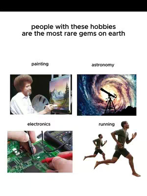 The cover image is a grid-like layout with a black background. It features four sections, each showcasing a different hobby: painting (with Bob Ross), astronomy (with a telescope and galaxy), electronics (with a circuit board and tools), and running (with a person running). Above the images, text reads 'people with these hobbies are the most rare gems on earth'.
